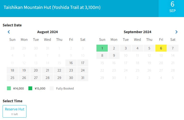 Date Selection Taishikan Mountain Hut Booking