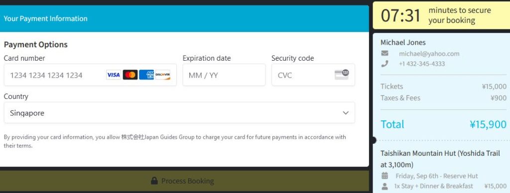 Payment Information Taishikan Mountain Hut Booking