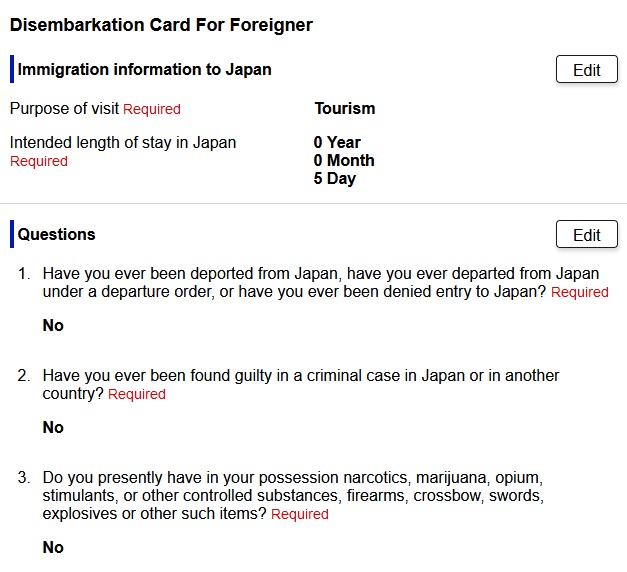 Disembarkation Card Japan Arrival Card