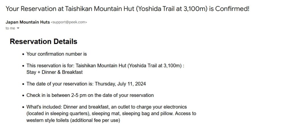 Email Confirmation Taishikan Mountain Hut Booking