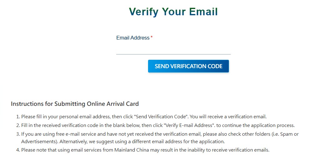 Verify Email Address Taiwan Online Arrival Card